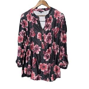 Ava & Grace Womens blouse Sz 2X Button-Up Blouse Black Floral Abstract Pattern